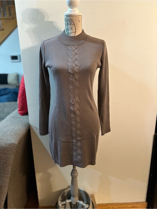 Simas Dresses & Skirts - Long-Sleeve Taupe Knit Dress with Braided Front